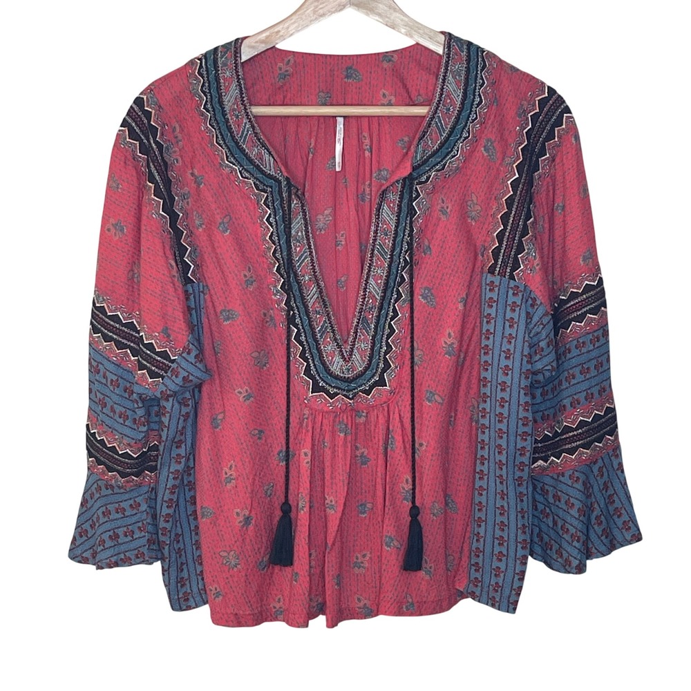 Free People Pink Blue Floral Embroidered Tassel V Neck Long Sleeve Blouse Top XS